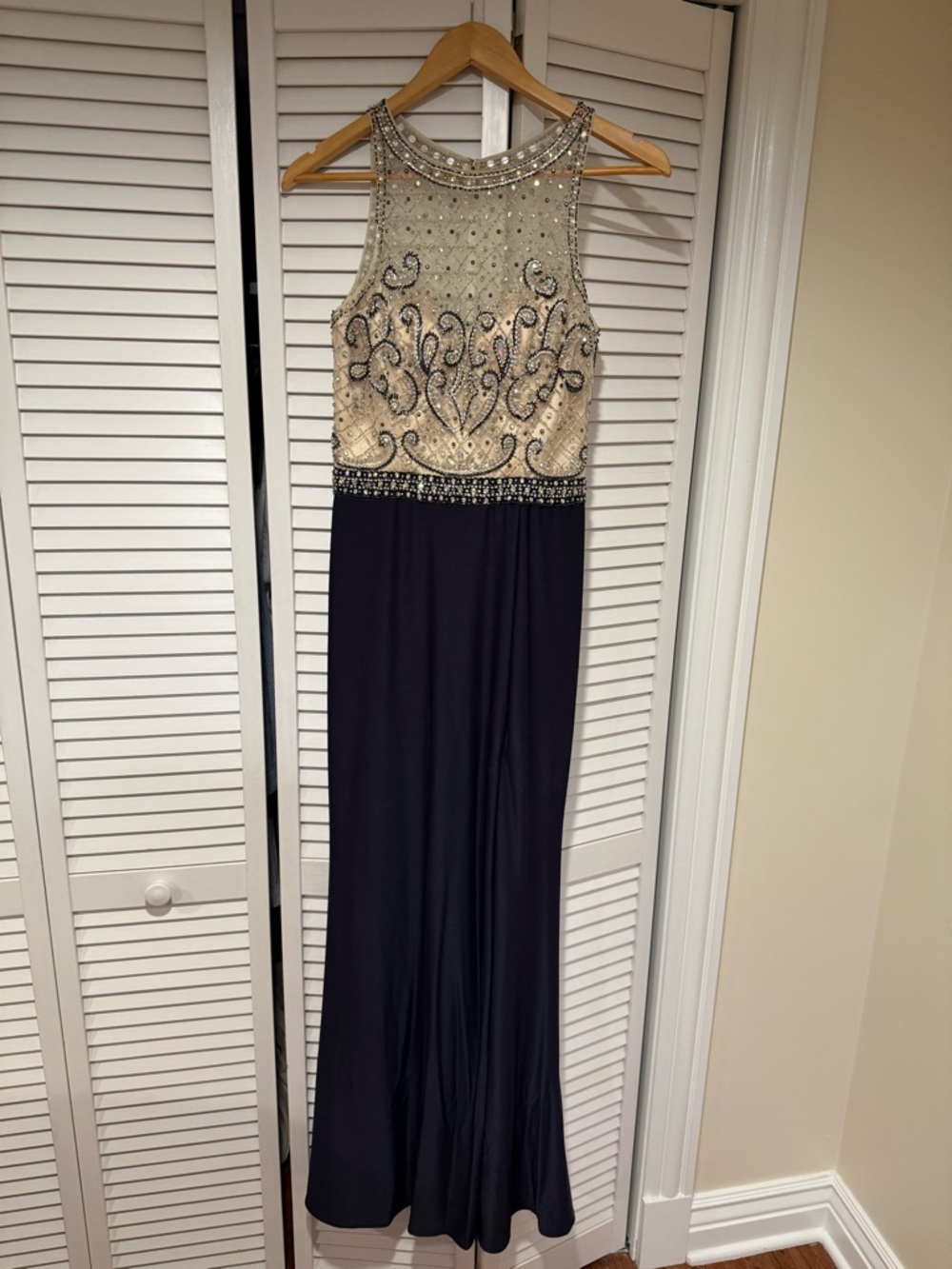 Embellished Navy and Champagne Evening Gown